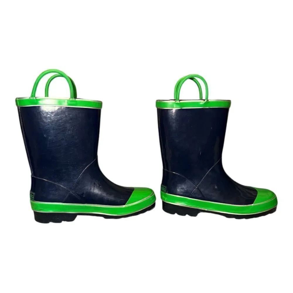 Northside Unisex Child Classic Rain Boots Navy Blue & Green Pull On 2M EUC